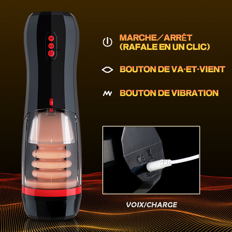 4 en 1 Masturbateur cup, 10 modes de vibration, 5 modes de va-et-vient et un mode d'aspiration avec interaction vocale pour une expérience polyvalente.