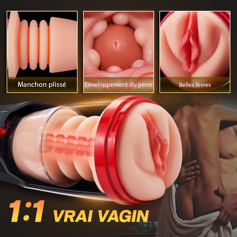 4 en 1 Masturbateur cup, 10 modes de vibration, 5 modes de va-et-vient et un mode d'aspiration avec interaction vocale pour une expérience polyvalente.