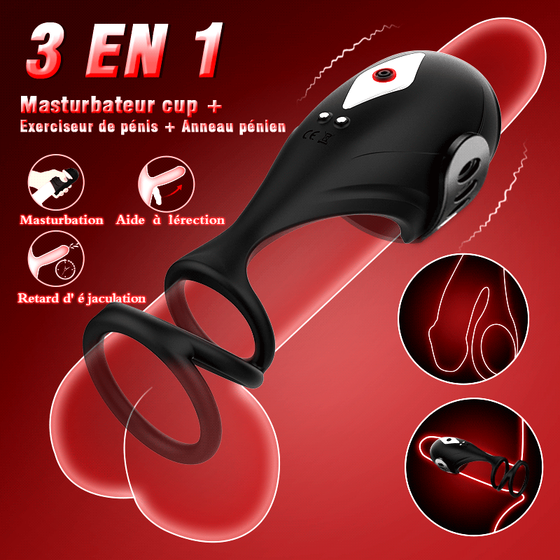 3-en-1 Glans Trainer Masturbateur cup avec anneau pénien