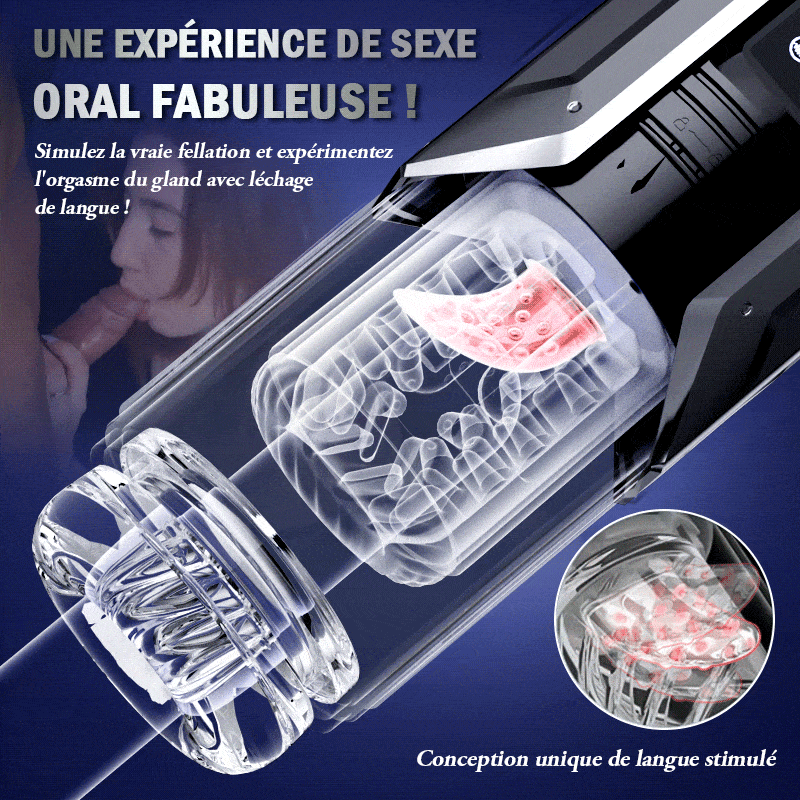 Masturbateur de fellation automatique 4 en 1 pour hommes, 100% étanche, La langue réaliste tourne à 360° pour lécher et taquiner chaque point sensible du gland.