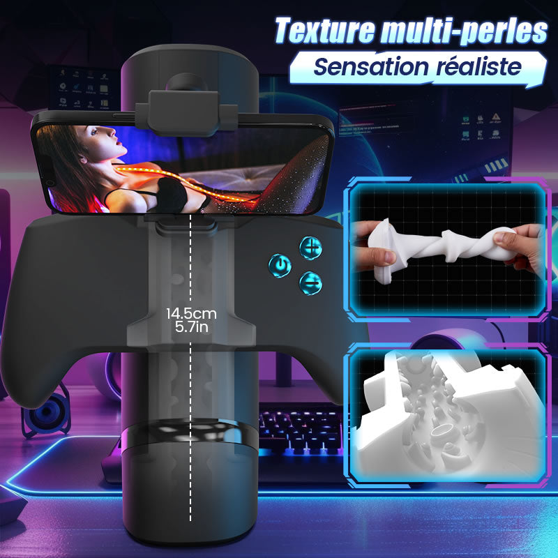 Turbo - 10 Modes Stroker à Poussées Explosives – Design Gamepad Immersif avec Support Téléphone