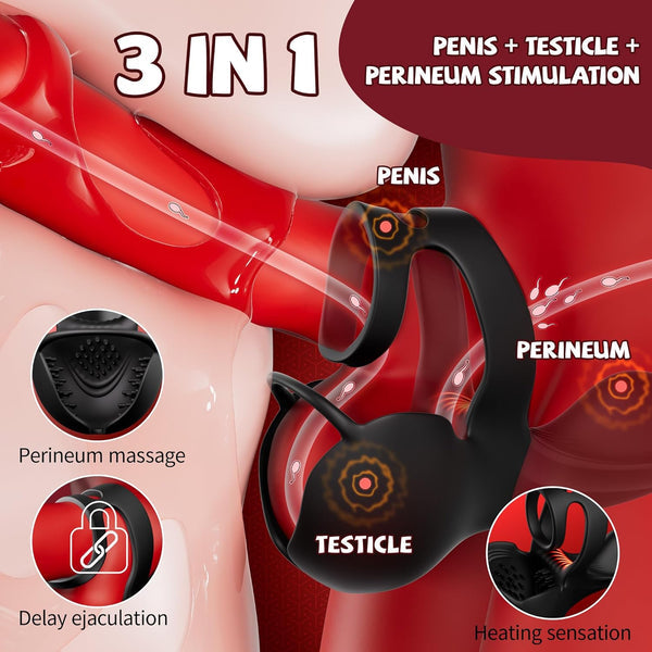 Anneau pénien stimulateur à 360° pour une couverture complète des testicules, avec 9 modes de vibration et de chauffage