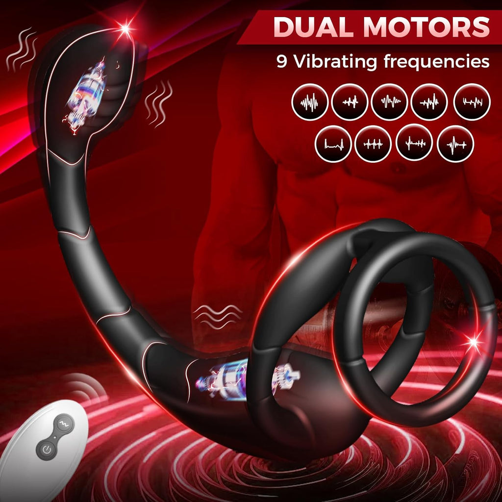 3 in 1 Dual Motors Cock Ring Prostate Massager Anal Vibrator with 9 Modes