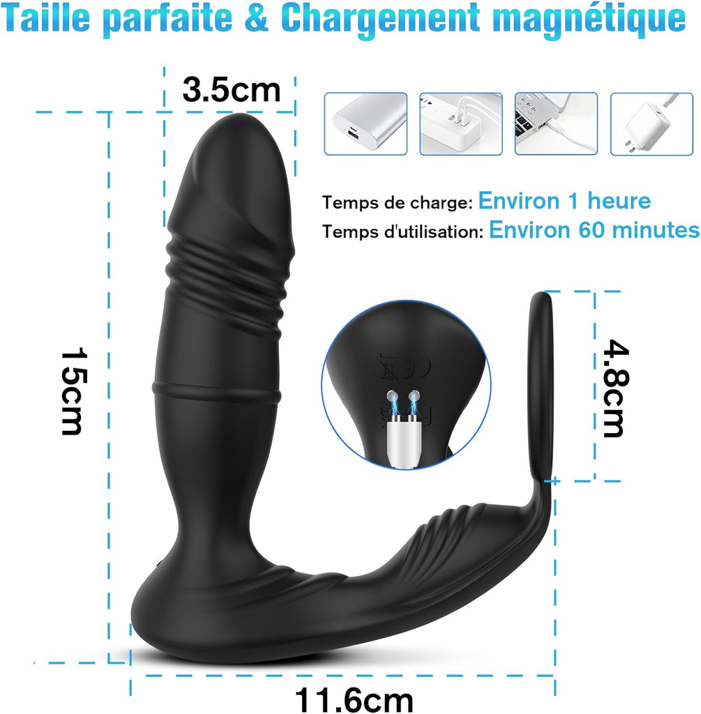 Sex Toys Plug Anal Vibromasseur pour Homme - Gode Masturbeuse pour Gay, Masseurs de Prostate Vibrant avec Anneau Pénien, Sextoy Anus Plugs Anals avec 9 Modes Télescopiques 9 Modes Vibrations