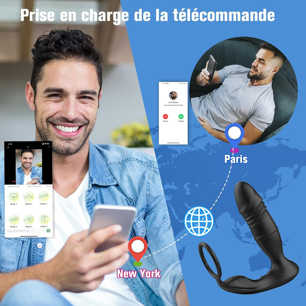 Sex Toys Plug Anal Vibromasseur pour Homme - Gode Masturbeuse pour Gay, Masseurs de Prostate Vibrant avec Anneau Pénien, Sextoy Anus Plugs Anals avec 9 Modes Télescopiques 9 Modes Vibrations