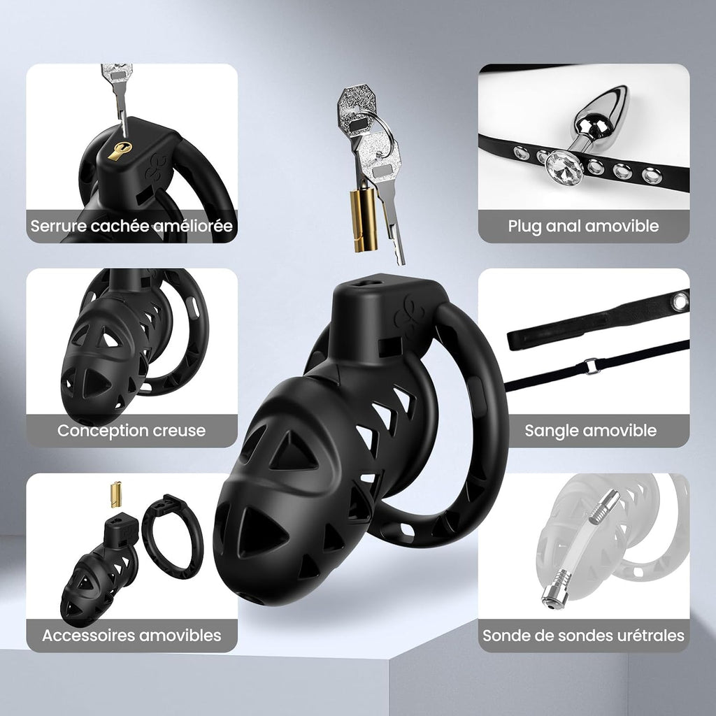Sex Toýs Homme Couple Cage de Chasteté Pénis avec Chastity Cage Plug,Harnais Réglable et Ceinture de Chasteté avec Anneaux de 3 Tailles avec Accessoires de bondage BDSM