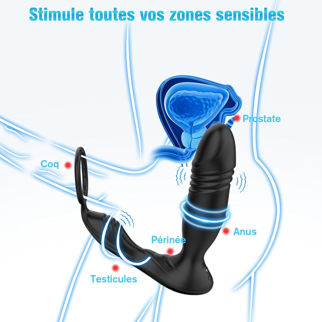 Sex Toys Plug Anal Vibromasseur pour Homme - Gode Masturbeuse pour Gay, Masseurs de Prostate Vibrant avec Anneau Pénien, Sextoy Anus Plugs Anals avec 9 Modes Télescopiques 9 Modes Vibrations