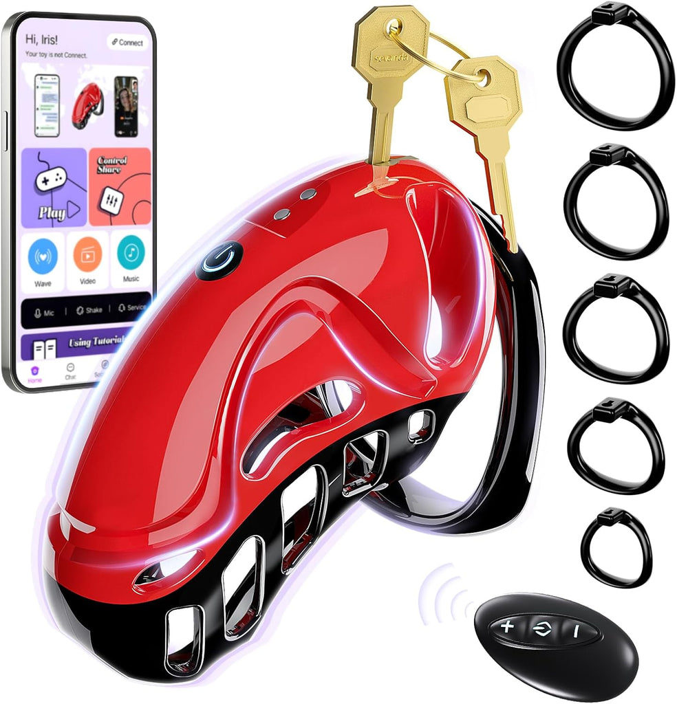 Cage de Chasteté Pénis Sex Toýs homme - Bondage SM avec Ceinture de Chasteté avec 5 Tailles Anneaux de Pénis 2 clés 1 serrure, Cock Chastity Cage Amovibles pour Empêcher L'érection Sex Toýs Couple