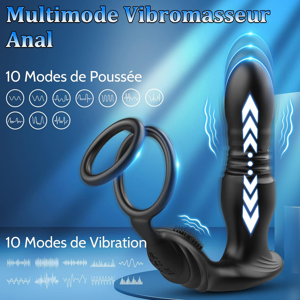 3 EN 1 Masseurs de Prostate Vibrant avec Anneau Pénien, Vibrateur Anal Télécommandé, Plug anal gode vibrateur avec 10 modes de poussée vibrant portabl Pour Couple