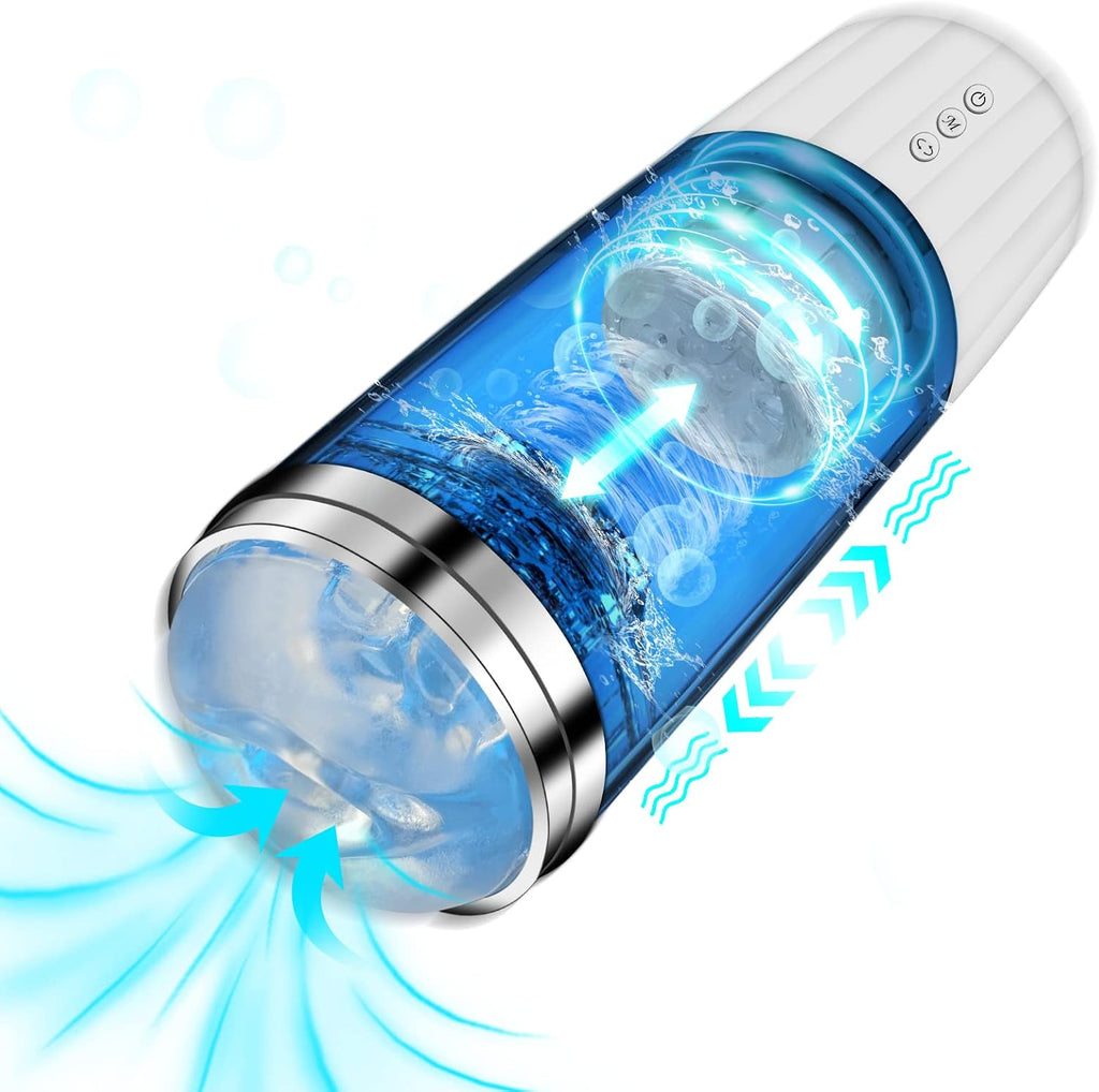 Masturbeuse Homme，Masturbateurs Masculins，Avec 10 Modes de Vibration et 5 Modes de Succion ，Piston Rétractable et rotatif au Niveau du Gland，Masturbateur Automatique