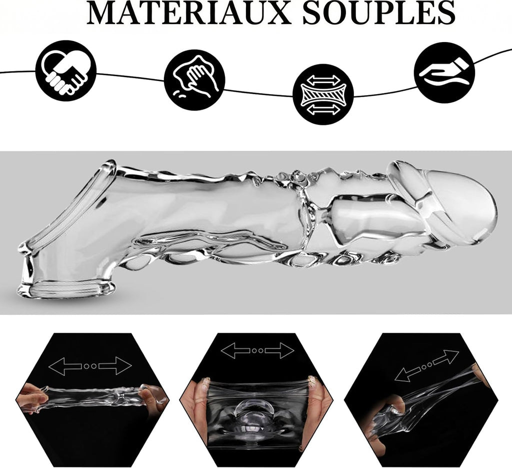 Gaine pénienne BDSMYEE avec vibromasseur pour une extension de 9 cm, gaine pénienne, sextoy érotique pour hommes, manchons péniens, kit de sextoys pour hommes (transparent)