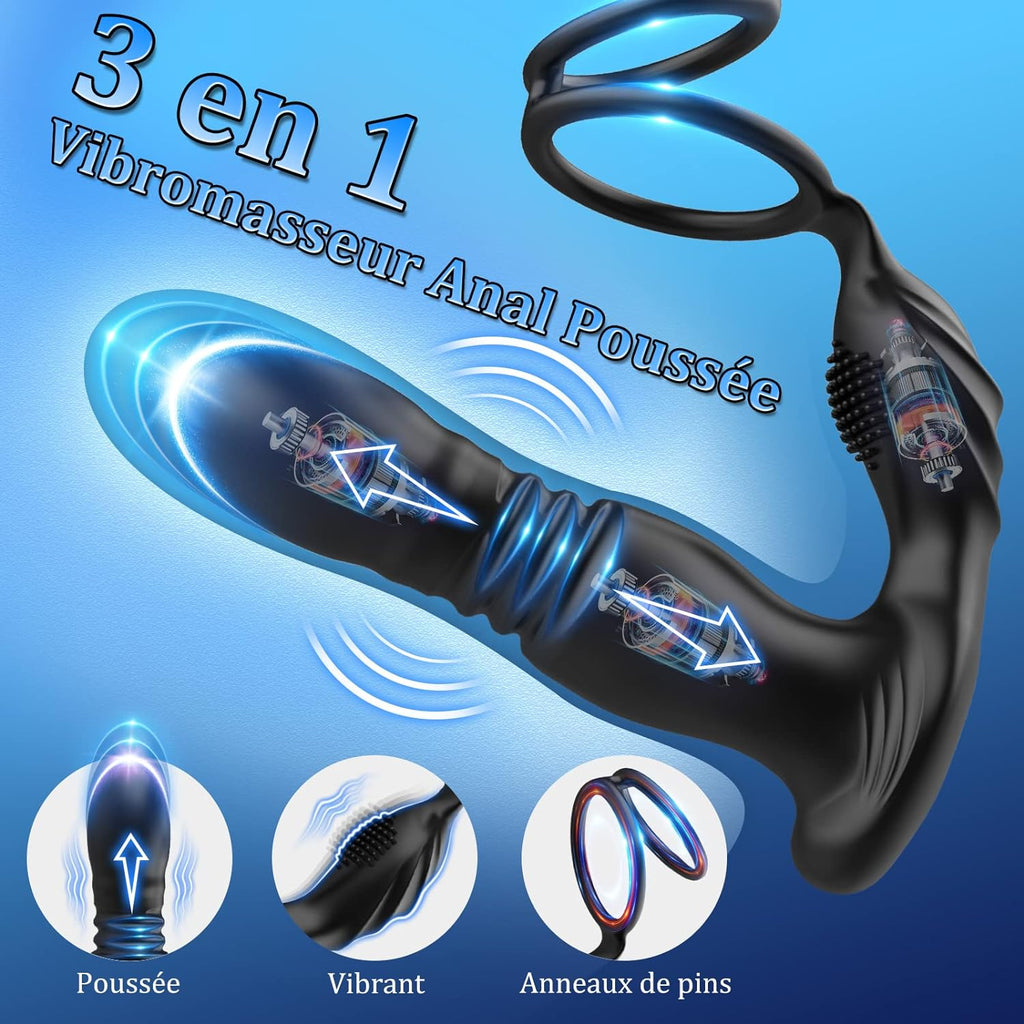 3 EN 1 Masseurs de Prostate Vibrant avec Anneau Pénien, Vibrateur Anal Télécommandé, Plug anal gode vibrateur avec 10 modes de poussée vibrant portabl Pour Couple