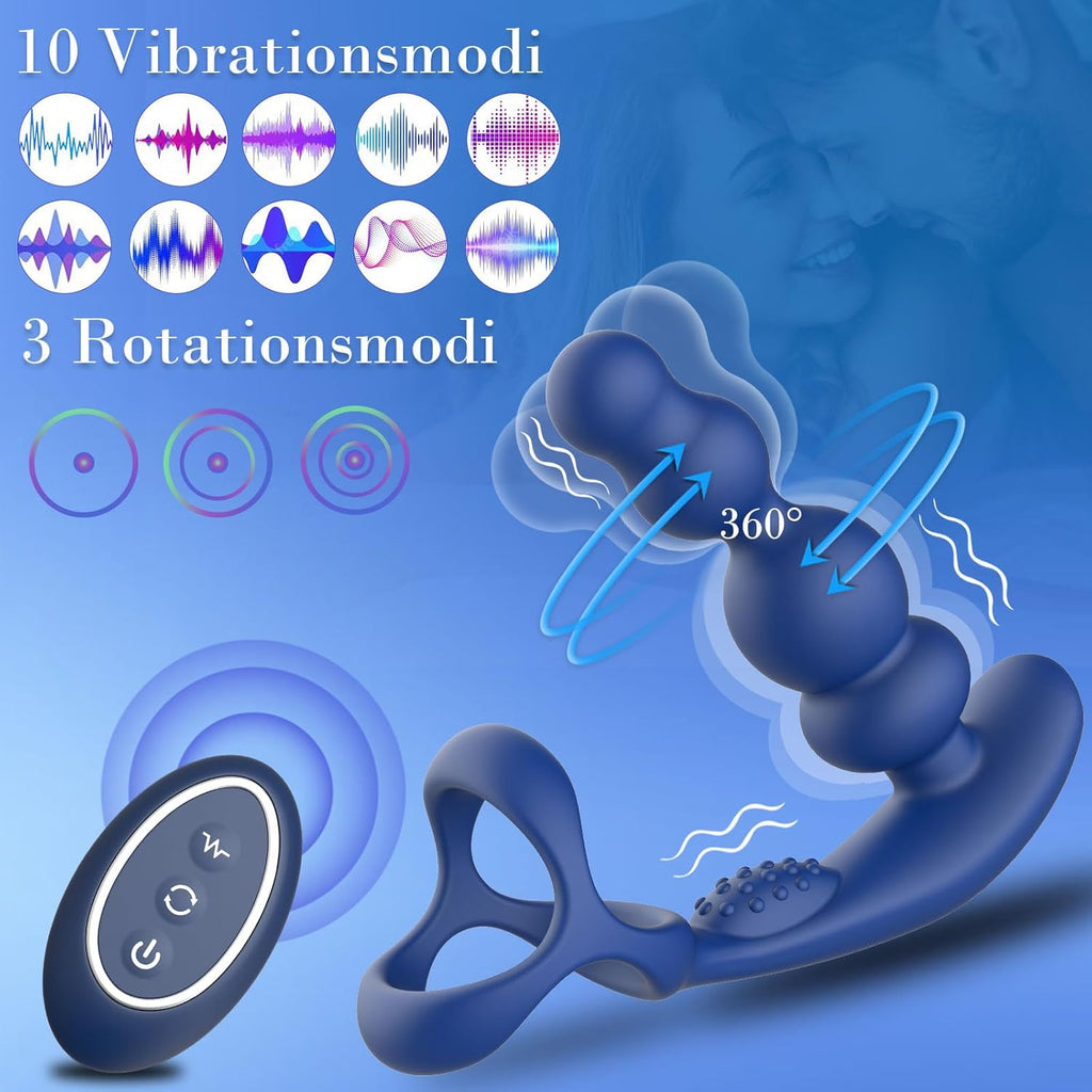 Vibromasseur anal pour homme - 4 en 1 Stimulation de la prostate - Télécommande Perles anales Godemichet anal avec double anneau pénien 10 vibrations & 3 modes rotation Masseur de prostate Plug anal