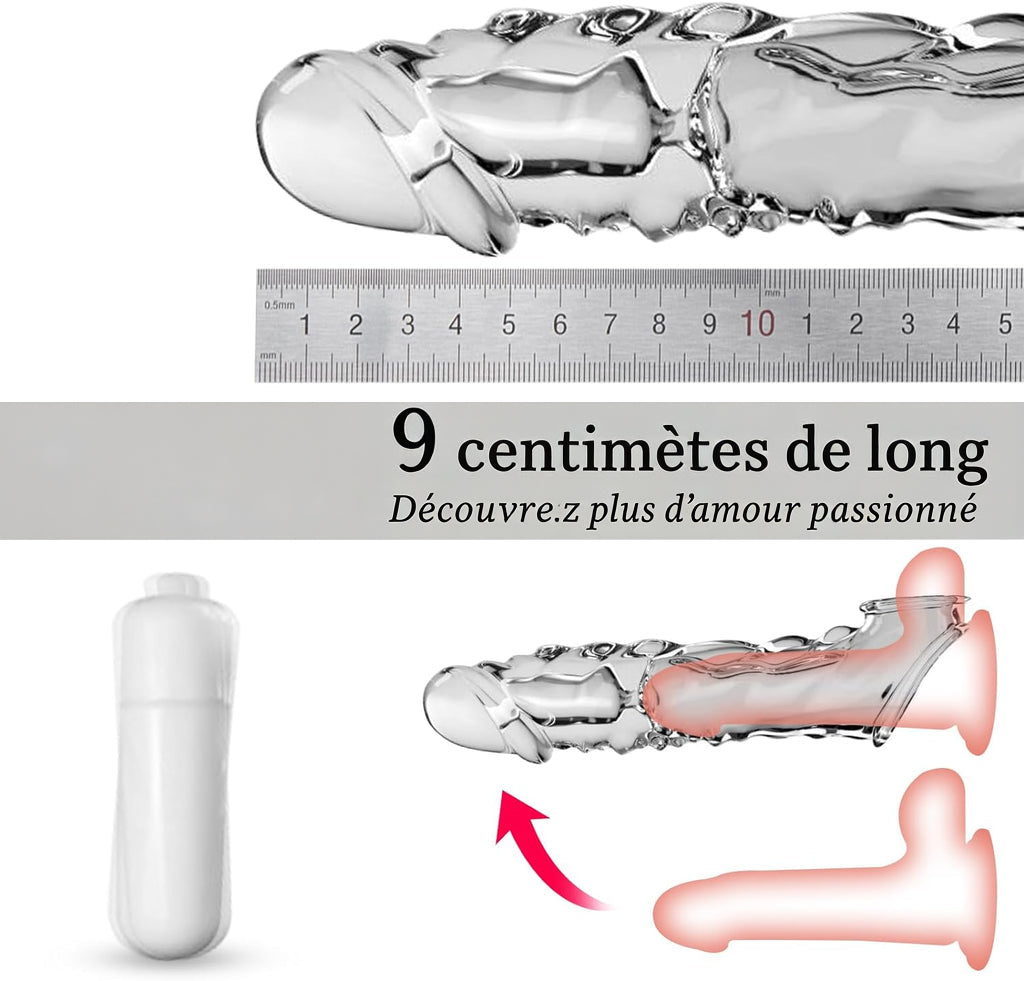 Gaine pénienne BDSMYEE avec vibromasseur pour une extension de 9 cm, gaine pénienne, sextoy érotique pour hommes, manchons péniens, kit de sextoys pour hommes (transparent)