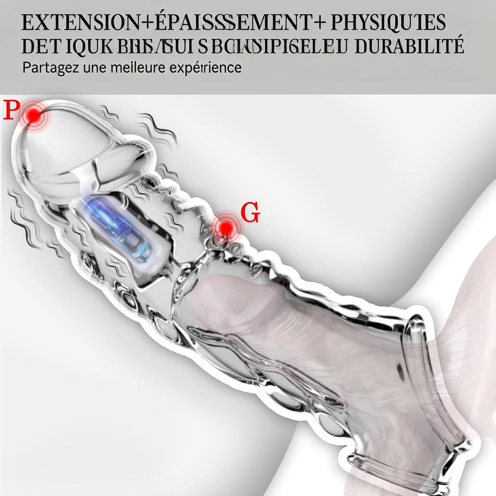 Gaine pénienne BDSMYEE avec vibromasseur pour une extension de 9 cm, gaine pénienne, sextoy érotique pour hommes, manchons péniens, kit de sextoys pour hommes (transparent)