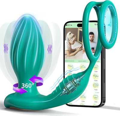 Vibromasseur anal rotatif à 360° avec fonction de massage de la prostate et télécommande via application, plug anal vibrant avec 9 modes de vibration et 9 modes de rotation, anneaux péniens en silicone et vibromasseurs anaux