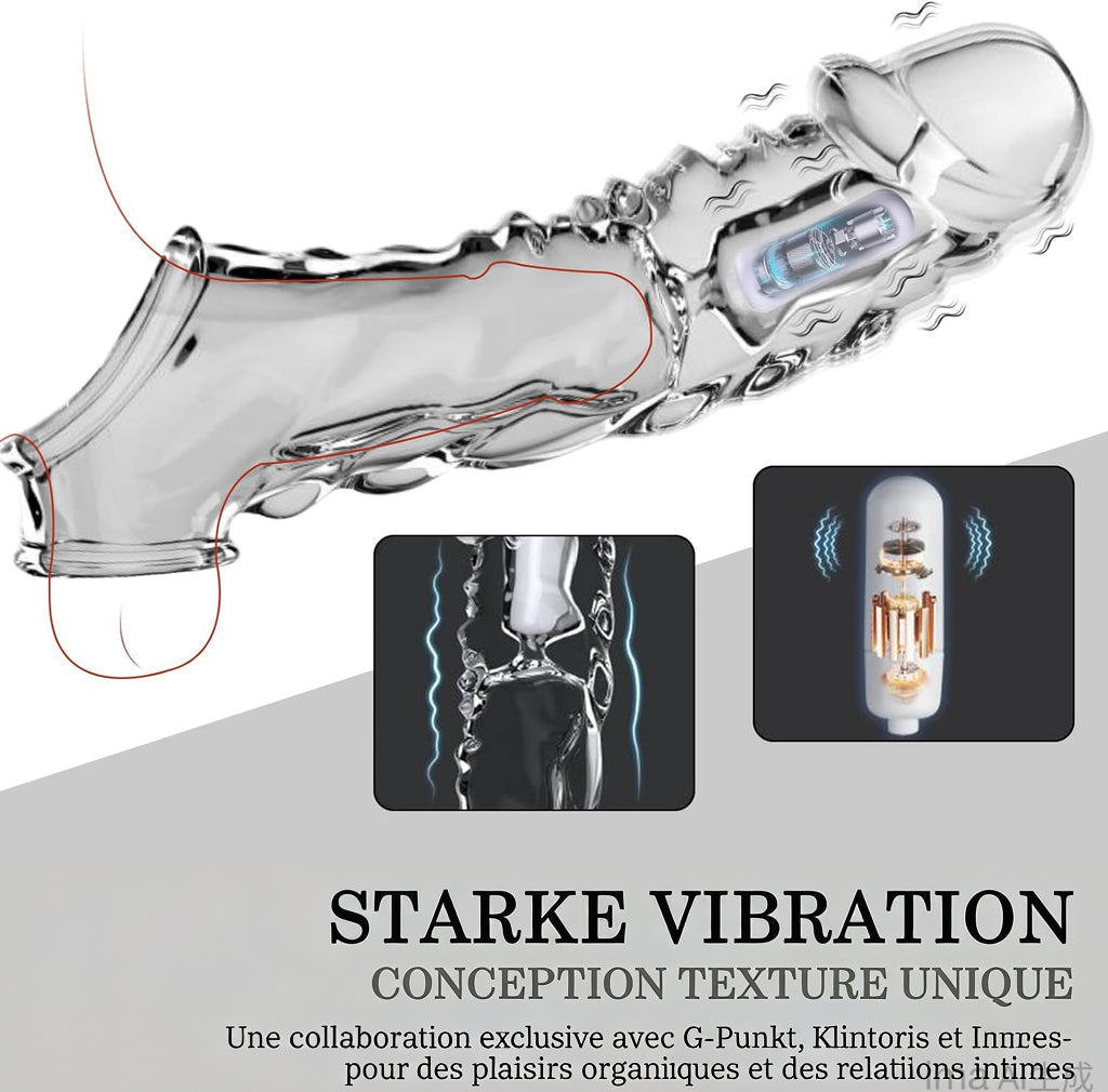 Gaine pénienne BDSMYEE avec vibromasseur pour une extension de 9 cm, gaine pénienne, sextoy érotique pour hommes, manchons péniens, kit de sextoys pour hommes (transparent)