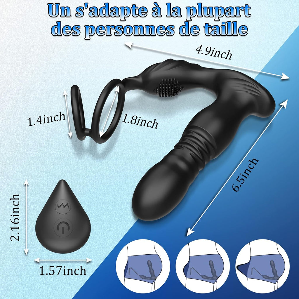 3 EN 1 Masseurs de Prostate Vibrant avec Anneau Pénien, Vibrateur Anal Télécommandé, Plug anal gode vibrateur avec 10 modes de poussée vibrant portabl Pour Couple