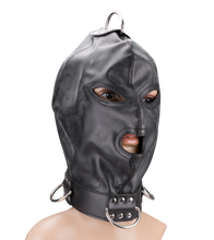 Charger l'image dans la galerie, Cagoule BDSM en similicuir trois ouvertures et anneaux