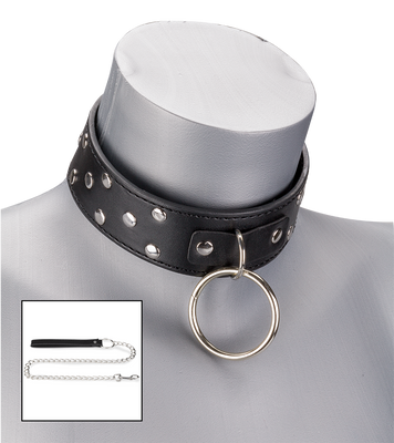 Collier BDSM rivets et anneaux avec laisse