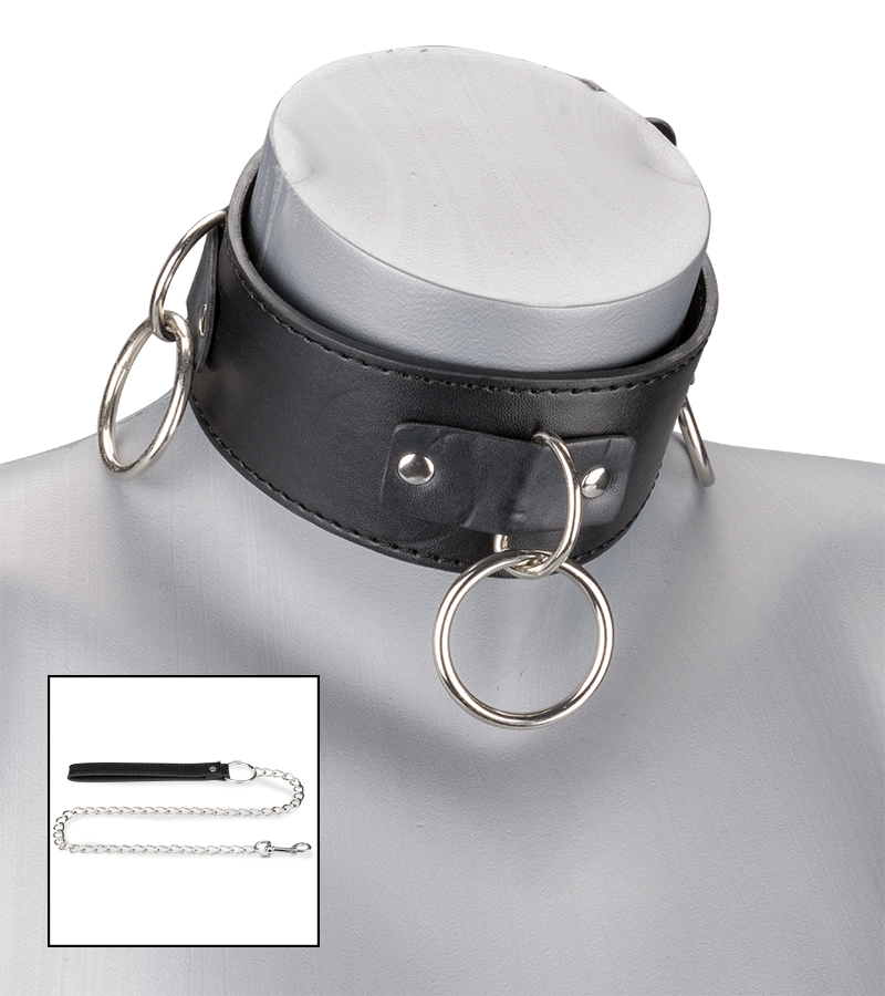 Collier cuir BDSM 3 anneaux + laisse