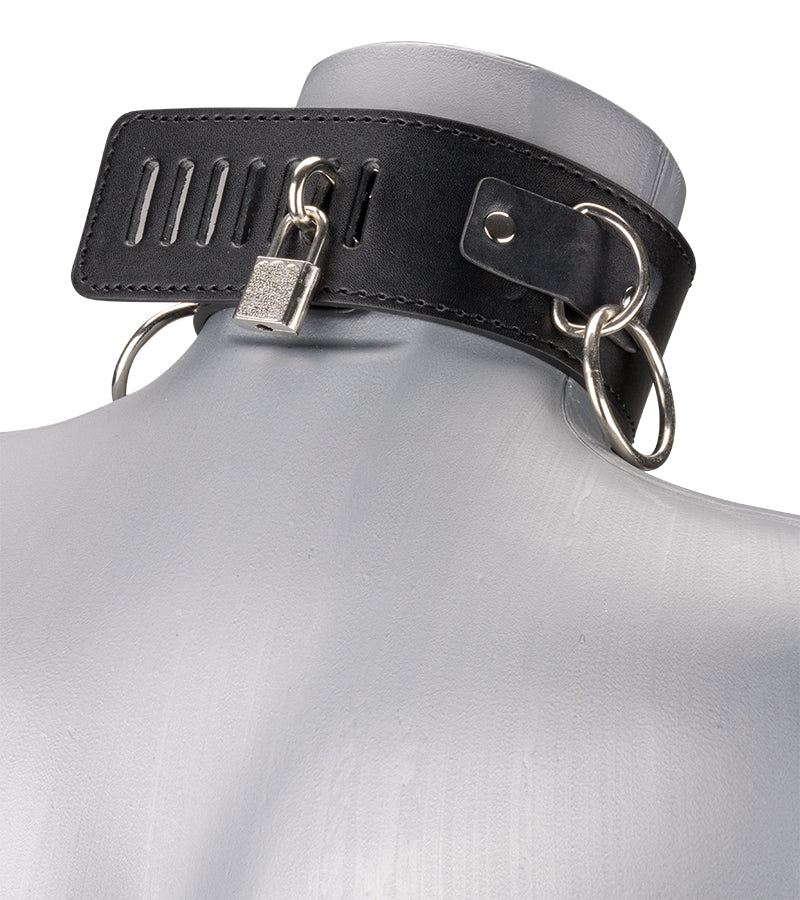 Collier cuir BDSM 3 anneaux + laisse