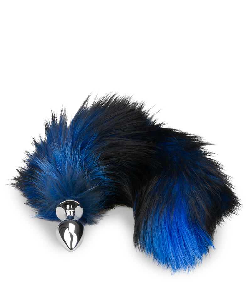 Plug queue de renard fourrure noire et bleue